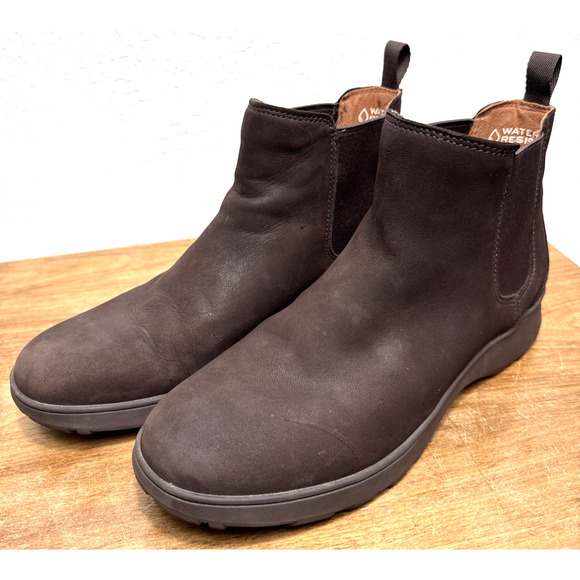 Vionic Evergreen Pull On Boots Sz 8.5 Brown Leather Water Resistant Lightweight - Picture 1 of 11